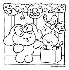 a coloring page with teddy bears and presents