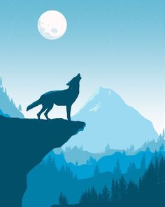 a wolf standing on top of a cliff with the moon in the sky above it