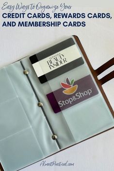 a clipboard with several credit cards attached to it and the words easy ways to organize your credit cards, reward cards, and members