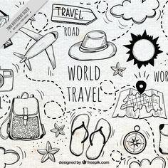 the world travel doodles are drawn in black and white, with different things around them