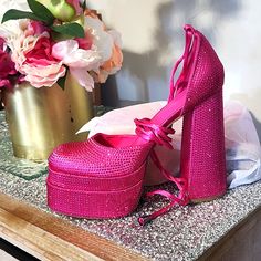 Sparkly Pink Platform Heels Barbie Pink Shoes, Hot Pink Platform Heels, Pink Sparkly Heels, Painting Horror, Pink Platform Heels, Hot Pink Heels, Pink Platform, Vegas Elopement, Pink Platforms