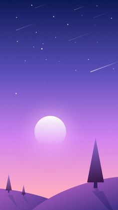 a purple sky with stars and trees in the foreground