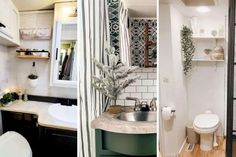 two pictures of small bathroom with toilet, sink and shower stall in the same room