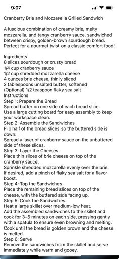 the recipe for cranberry brie and mozzarella grille sandwich is shown