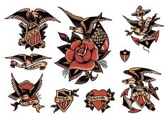 some old school style tattoos with roses and birds on them, all in different colors