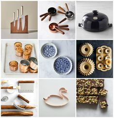 many different types of kitchen utensils are arranged in this collage with images