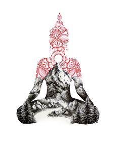 a person sitting in the middle of a yoga pose with mountains and trees behind them