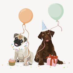 two dogs sitting next to each other with balloons