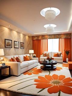 a living room filled with furniture and orange drapes on the window sills