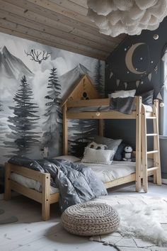 a bedroom with a bunk bed and a mountain mural on the wall behind it, along with white fluffy rugs