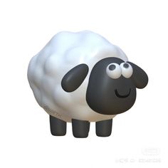 a black and white sheep with big eyes