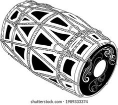 a black and white drawing of a drum with rope wrapped around the top, on a white background