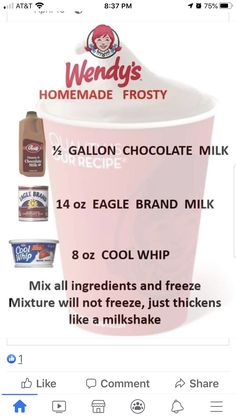 the menu for wendy's homemade frosty, which is available on their iphone