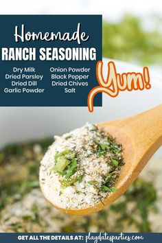 homemade ranch seasoning mix in a white bowl with a wooden spoon full of it