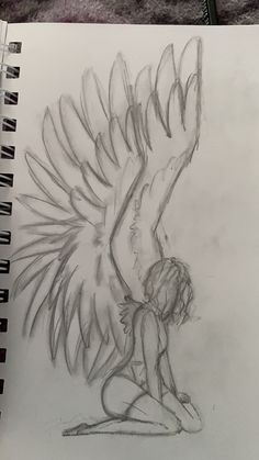 a pencil drawing of a girl with wings on her back and arms stretched out in the air