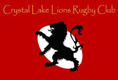 the crystal lake lions rugby club logo is shown in red and black, with an image of a lion holding a staff