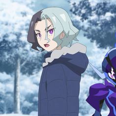 two anime characters standing next to each other in front of trees and snow covered ground