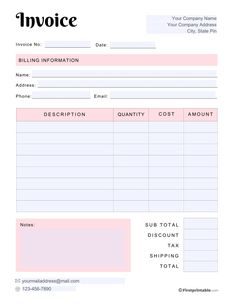 an invoice form with pink and white lines on the bottom, one line at the