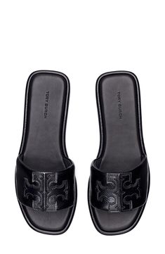 Tory Burch Double-T Leather Sport Slide Sandal (Women) | Nordstrom Classic Open Toe Calf Leather Slides, Classic Slides With Leather Footbed, Classic Calf Leather Slides With Leather Lining, Luxury Slides With Leather Footbed, Luxury Black Calf Leather Slides, Classic Black Slides With Branded Insole, Designer Leather Slide Sandals, Designer Leather Slides With Leather Footbed, Designer Leather Slides With Leather Lining