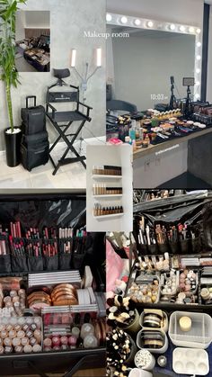 Makeup Salon Aesthetic, Mua Room Makeup Artists, Makeup Artist Salon Decor, Makeup Artist Home Studio, Cosmetology School Makeup, Mua Studio Beauty Room, Makeup Moodboard Collage, Makeup Artist Aesthetic Vision Board, Makeup Studio Names Ideas