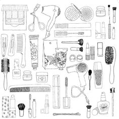 the contents of a hairdryer, combs and other items are shown in this black and white drawing