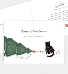 two christmas cards with a black cat sitting on top of a tree