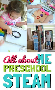 a collage of photos with the words all about me preschool steam and pictures of children