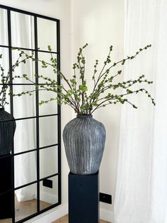 a vase with some flowers in it sitting on the floor next to a mirror and window