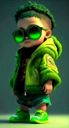 a little boy wearing green sunglasses and a jacket