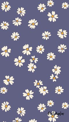 a blue background with white daisies and yellow centers on it's edges is shown