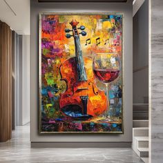 an abstract painting with violin and glass of wine on the wall in front of stairs