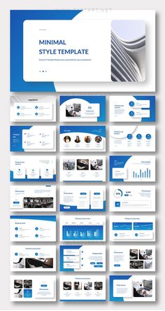 the minimal powerpoint presentation is displayed in blue, white and gray colors with an image of