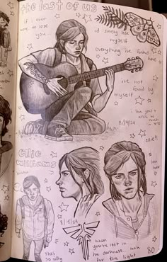 an open book with drawings of people playing guitar and other writing on the pages in it