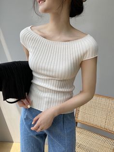 Short Sleeves Skinny Solid Color Boat Neck Knitwear Pullovers Sweater COFFEE-One_size Coffee Sweater, Cap Sleeve Shirt, Early Fall Outfit, Boatneck Sweater, Round Neck Sweaters, Color Shorts, Cardigan Tops, Fall Outfits Women, Black Coffee