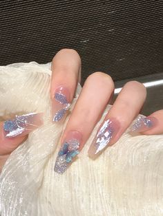 Nagel Tips, Pretty Gel Nails, Really Cute Nails, Ballerina Nails, Stick On Nails, Nail Art Hacks, Artificial Nails, Rhinestone Nails, Blue Nails