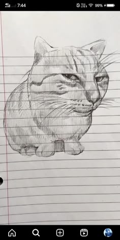 a drawing of a cat sitting on top of a piece of paper with lines drawn over it