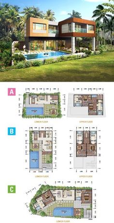 an architectural plan for a modern house with pool and garden in the middle, surrounded by palm trees