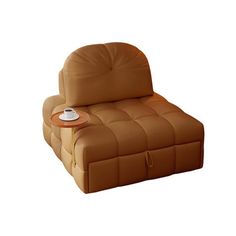 a brown leather chair with a cup on it