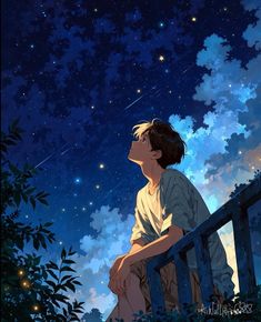 a boy sitting on a railing looking up at the stars in the sky above him