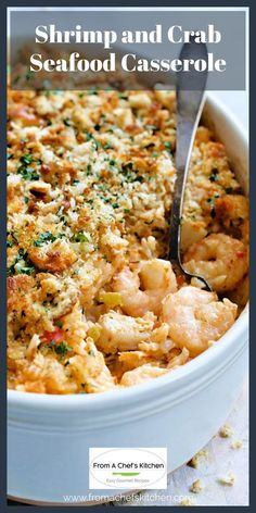 shrimp and crab seafood casserole in a white dish with a serving spoon on the side