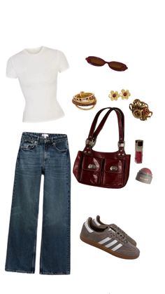 a woman's outfit including jeans, shoes and handbag is shown in this image