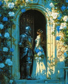 a painting of a man and woman in armor standing at the entrance to a garden