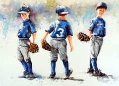 three baseball players are standing in the snow with their mitts and gloves, wearing blue uniforms