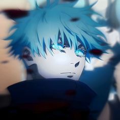 an anime character with blue hair and green eyes looking at something in front of him