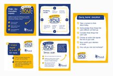 four different types of brochures with yellow and blue designs on the front, back and side