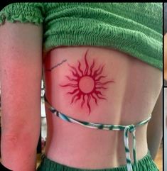 three pictures of the back of a woman's body with sun tattoo on it