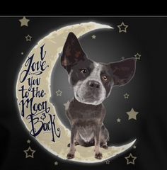 a black and white dog sitting on top of a crescent moon with stars around it