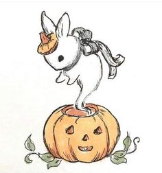 a drawing of a dog sitting on top of a pumpkin with its head in the air