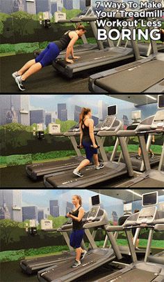 the woman is running on a treadmill and doing exercises for each other in front of her