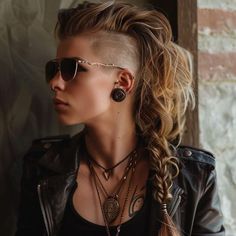 Side And Undercut Long Hair, Long Hair With Shaved Undercut, Women’s Mohawk, Women’s Viking Hairstyles, Undercut Updo Hairstyles, Biker Hairstyles Women, Woman Undercut, Long Hair With Undercut, Medium Undercut